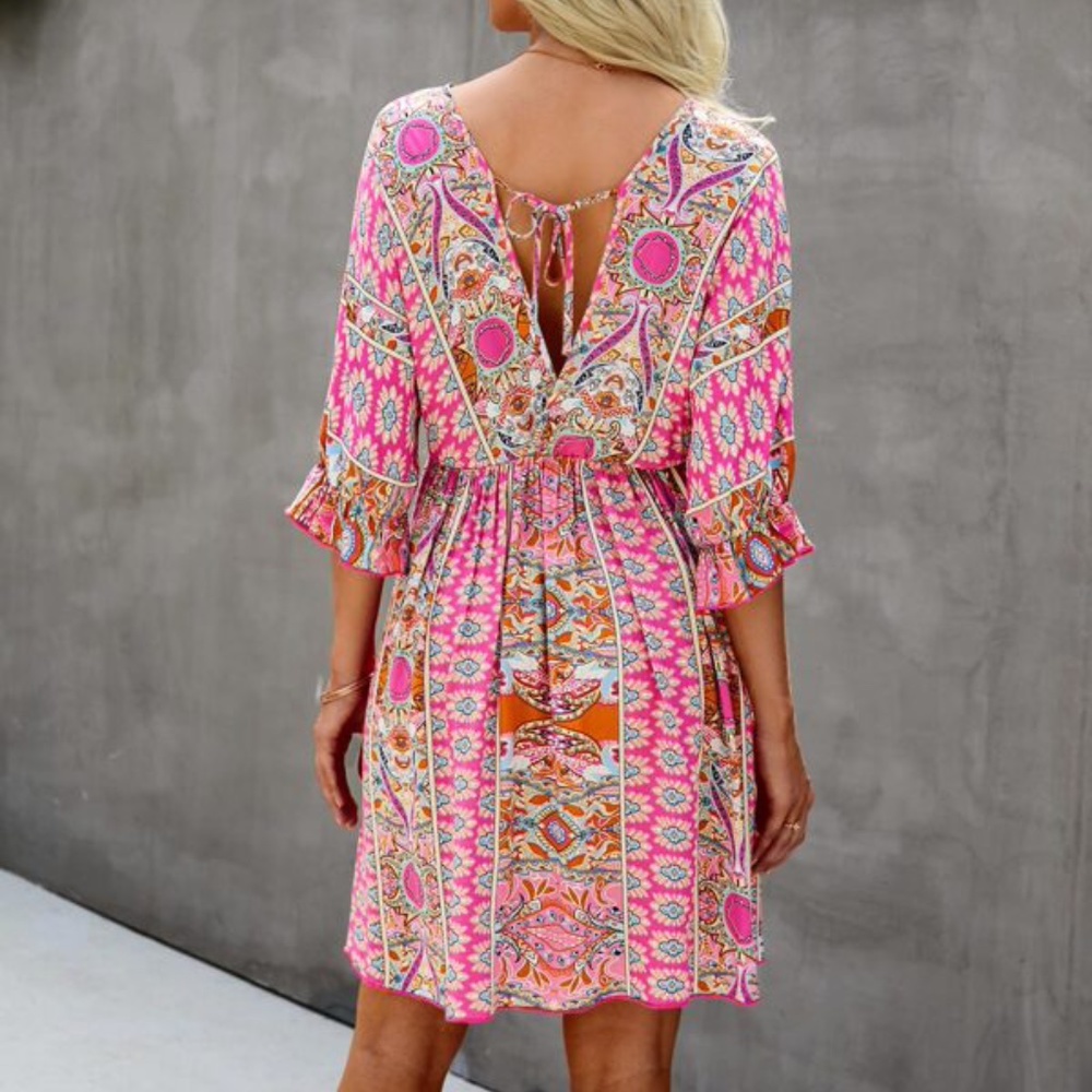 Boho Red Floral Print Ruffle Sleeve Mini Dress Cottagecore - Picture 13 of 13
